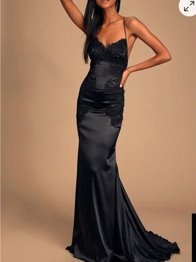 Lulu's Black Satin Lace Slip Gown